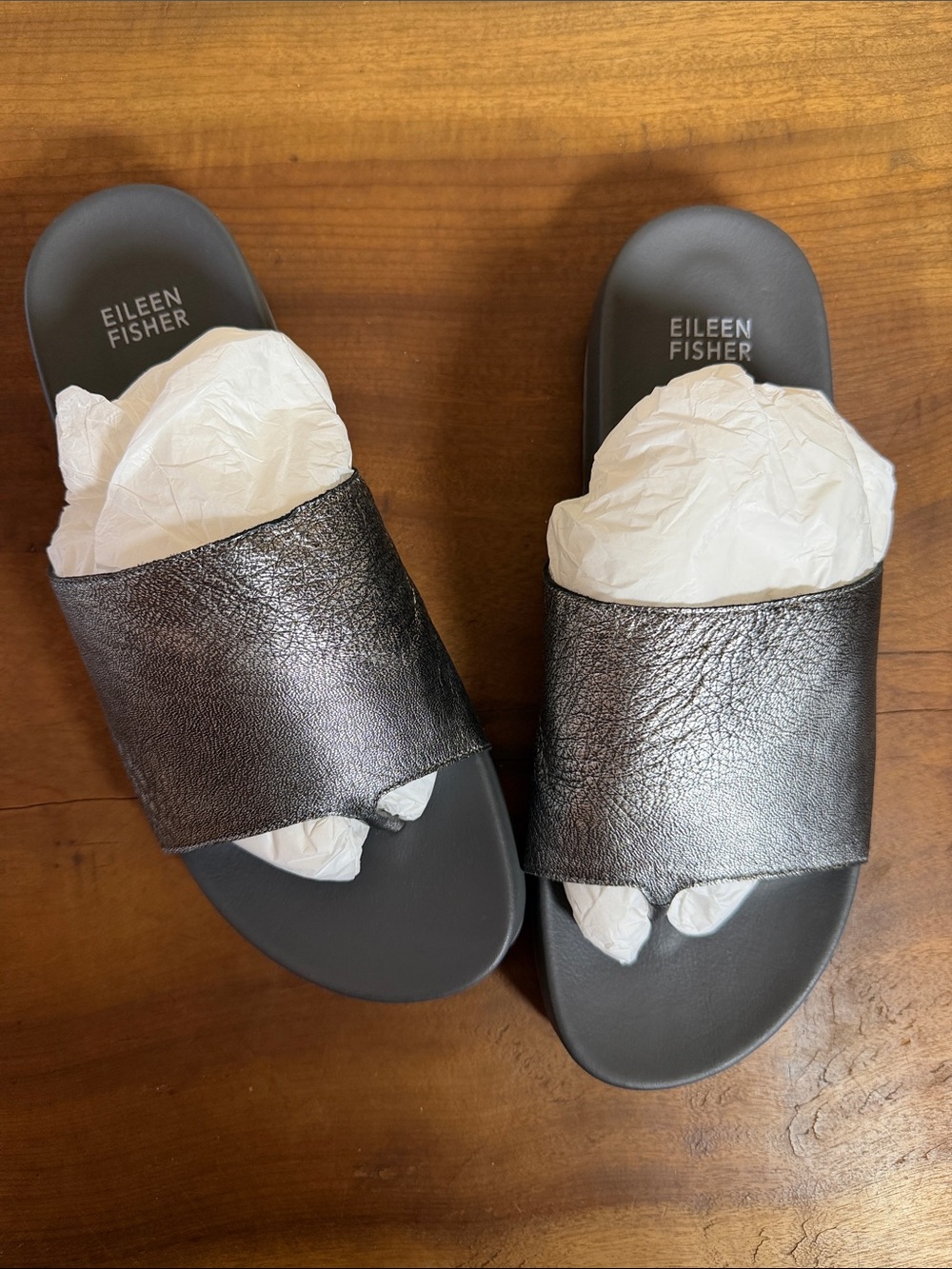 Eileen Fisher Motion Slip On Metallic Gunmetal Gray Wide-Band Slide Sandals